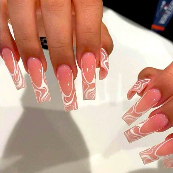 Press-Ons Nails- Long Pink and White with Design, all you need to look great! - Picture 1 of 4